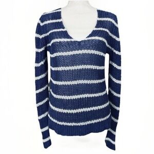 Banana Republic Open Knit LG Blue White Stripe 100% Italian Linen Plunge V-Neck